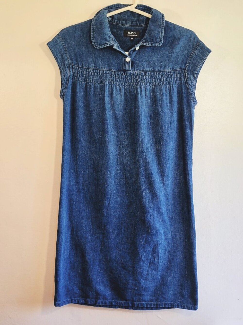 A.P.C. Rue Madame Paris Denim Dress Size XSmall Smock Detail Cap Sleeve Classic